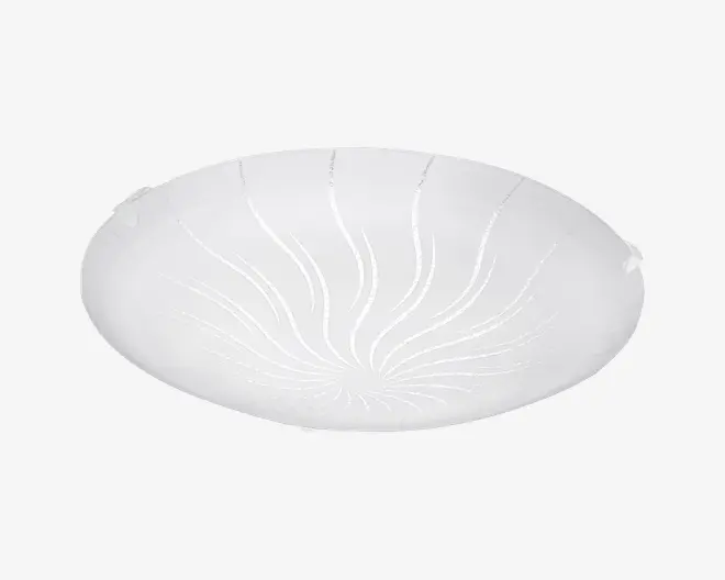 Frostet glaskuppel med et diskret, hvirvlende linjemønster, der udgår fra midten og giver et dekorativt og elegant udtryk. Overfladen er glat med en mat finish, og designet er enkelt og passer til mange forskellige indretninger.