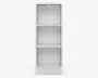 Høj, rektangulær reol med hvid finish, der har tre åbne hylder og en enkelt skuffe nederst. Designet er minimalistisk og moderne med rene linjer og en glat overflade.