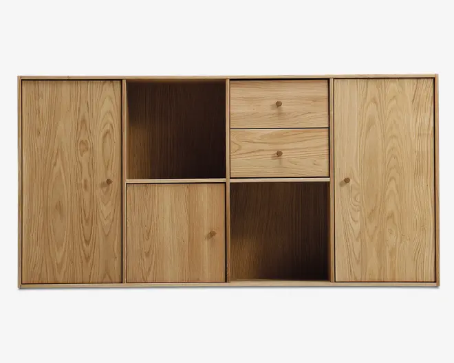 Reolopstilling med døre og skuffer olieret eg