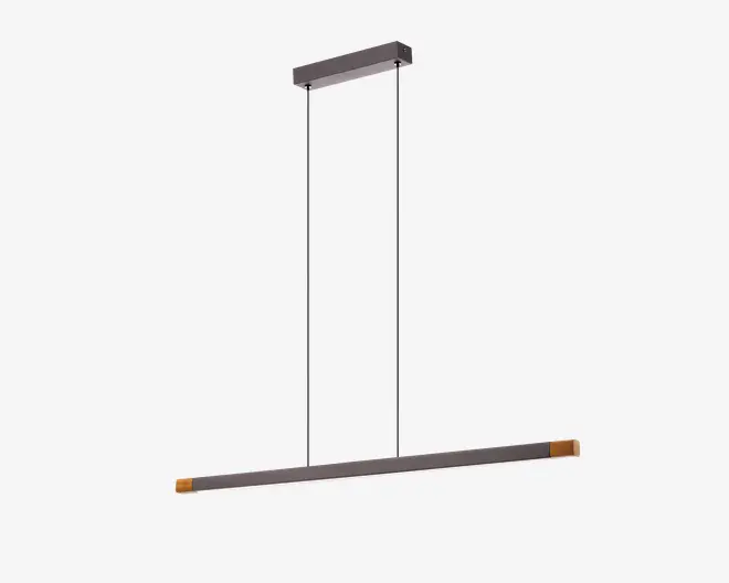 Et moderne, minimalistisk pendellampe-armatur med en slank, vandret stang ophængt fra loftet med to tynde stænger. Stangen har en mat sort finish med diskrete metalliske detaljer i enderne, og lyskilden er integreret langs undersiden af stangen for et elegant og diskret udseende.